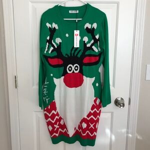 Christmas Kate Kasin Reindeer Bodycon Ugly Sweater Dress Size L Green Red